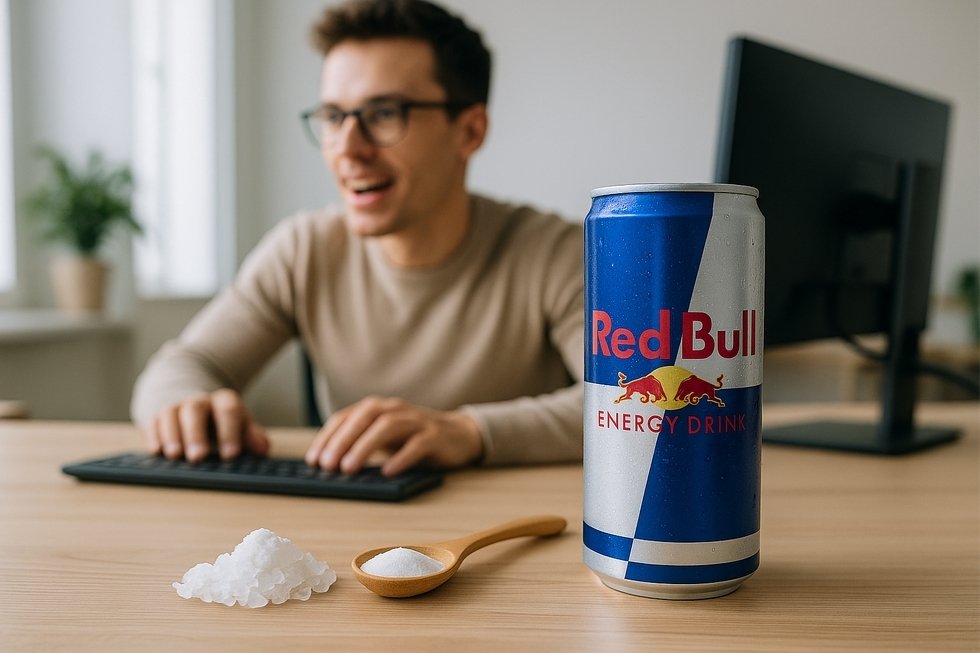 Hình ảnh một lon Red Bull cùng biểu tượng caffeine và taurine, thể hiện sự kết hợp mang lại sự tỉnh táo.