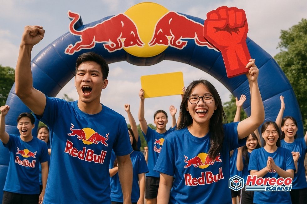 Hàng Tiêu Dùng HORECO https://horeco.vn Nhóm bạn trẻ giơ cao lon Red Bull đầy năng lượng, biểu tượng cho tự do và sáng tạo.