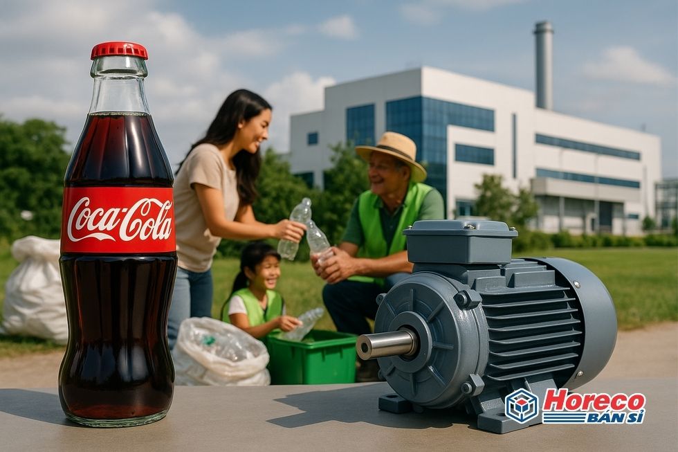 Hàng Tiêu Dùng HORECO https://horeco.vn Biểu tượng Coca-Cola cùng các hình ảnh đại diện cho năng lượng và phát triển bền vững.