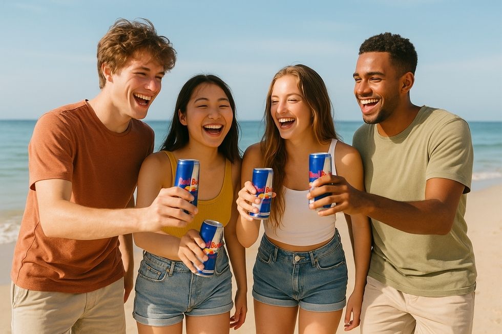 Một người đàn ông trẻ tuổi làm việc tại văn phòng với lon Bò Húc bên cạnh.