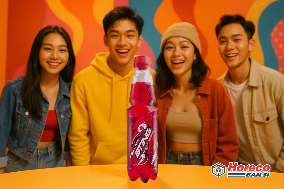 Hàng Tiêu Dùng HORECO https://horeco.vn Chai nước Sting tỏa sáng giữa một nhóm bạn trẻ hiện đại và sôi động.