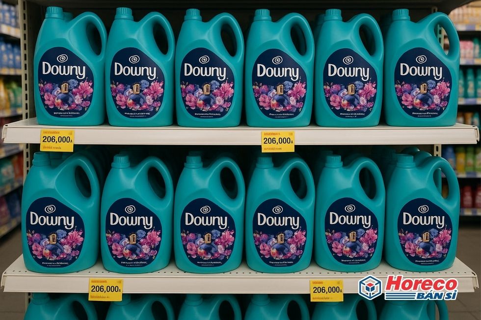 Hàng Tiêu Dùng HORECO https://horeco.vn Downy bottles on store shelves showing pricing and VAT details for bulk purchase benefits.