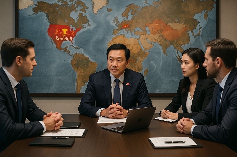 Hình ảnh các nhà khoa học đang nghiên cứu công thức trong phòng thí nghiệm, thể hiện sự phát triển của Red Bull.