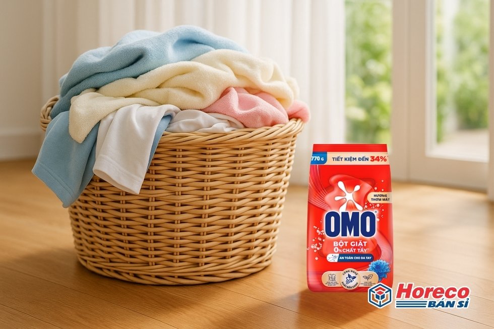 Hàng Tiêu Dùng HORECO https://horeco.vn Giỏ giặt quần áo thơm và chai OMO, với nền sáng trong nhà.