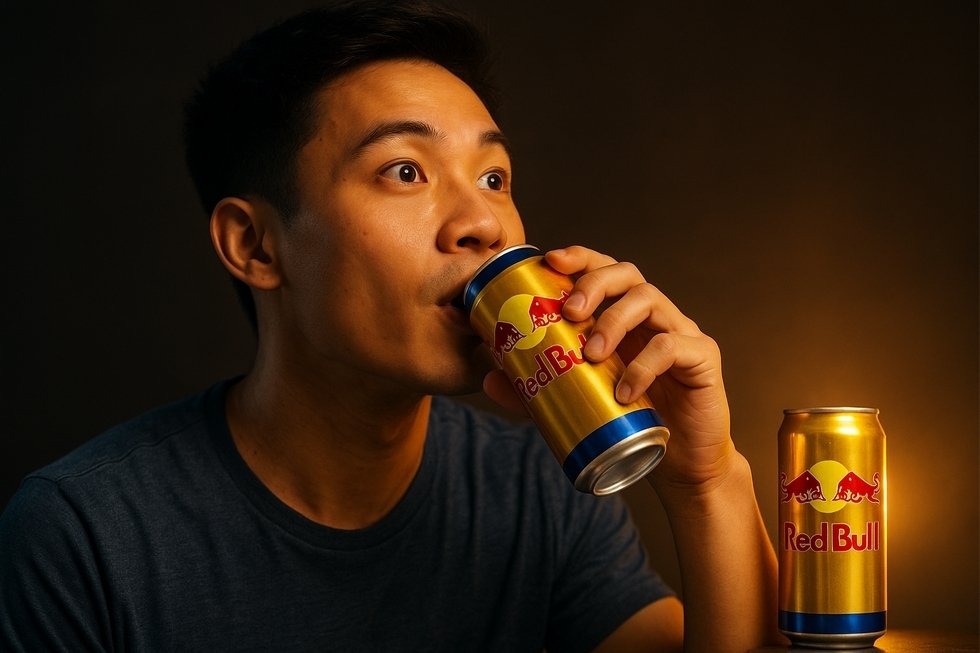 Hình ảnh một người uống Red Bull với sự tỉnh táo và tràn đầy năng lượng.
