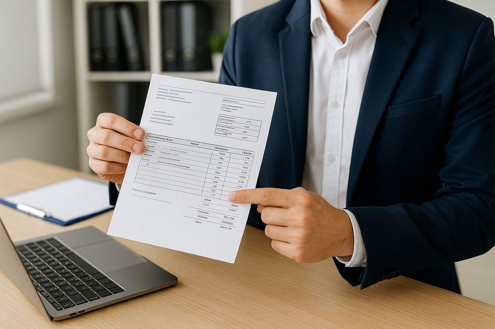 Businessperson holding VAT invoices, representing transparency and legality in transactions.