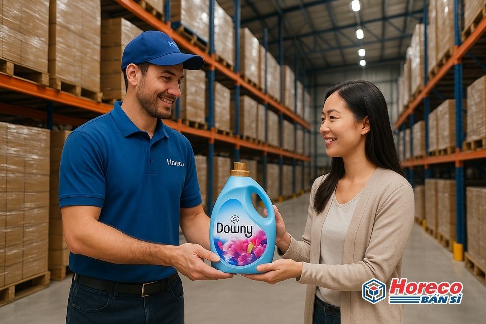 Hàng Tiêu Dùng HORECO https://horeco.vn Nhân viên giao hàng Horeco tại kho với sản phẩm Downy.