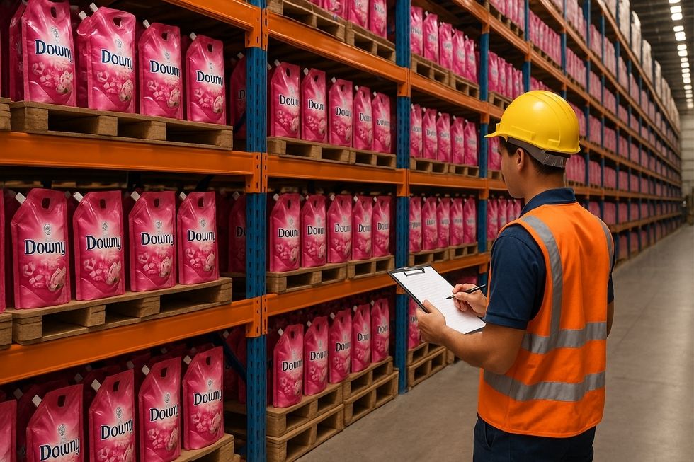 Hình ảnh kho hàng của Horeco với các sản phẩm nước xả vải Downy.