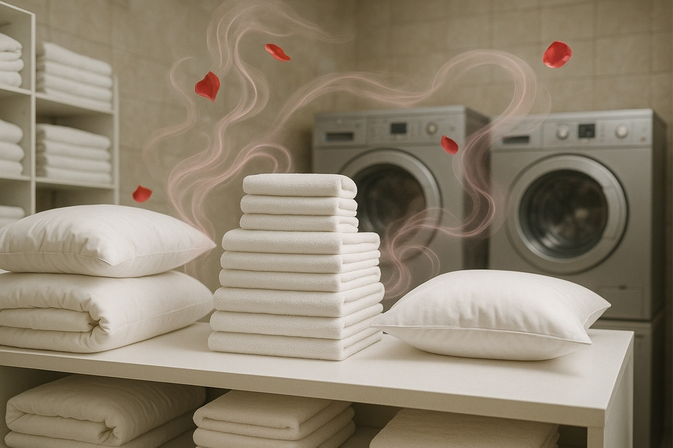 Một phòng giặt khách sạn với các đồ dùng vải được chăm sóc bởi nước xả Downy Đam Mê.
