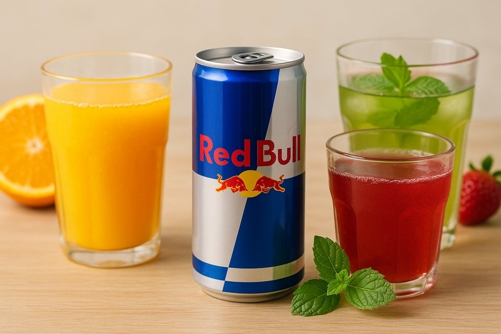Hình ảnh chai Bò Húc Việt Nam và các thành phần tự nhiên như cà phê và đường mía.