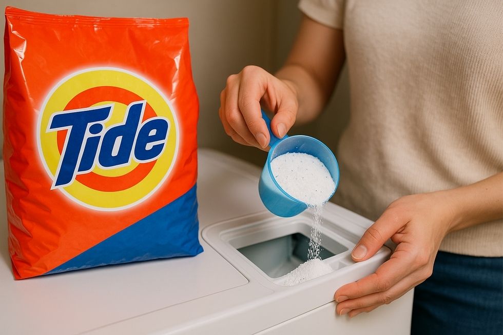 Hình ảnh người nội trợ đo bột giặt Tide cho máy giặt cửa trên.