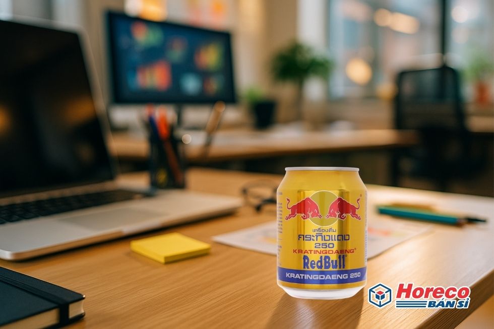 Hàng Tiêu Dùng HORECO https://horeco.vn Hình ảnh lon Red Bull trên một bàn làm việc đầy sáng tạo và năng lượng.