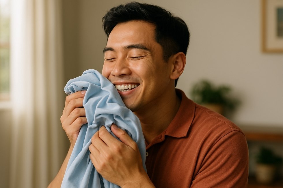 Áo trắng trên giá phơi, ánh sáng ngày và biểu tượng mùi thơm bền lâu của OMO.