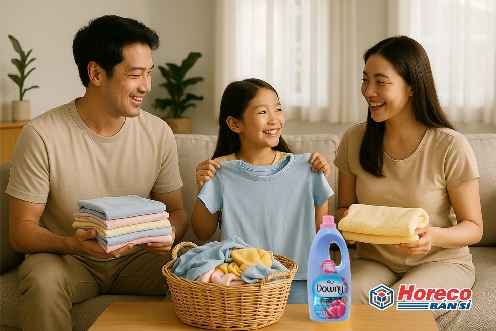 Hàng Tiêu Dùng HORECO https://horeco.vn Chai Downy Nắng Mai trên nền phòng ngủ với ánh sáng tự nhiên.