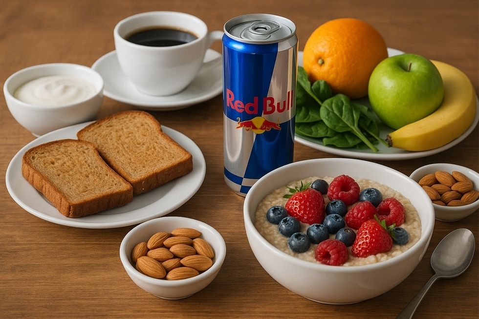 Hình ảnh một lon Red Bull với lịch để bàn, biểu tượng cho định lượng và tần suất sử dụng.
