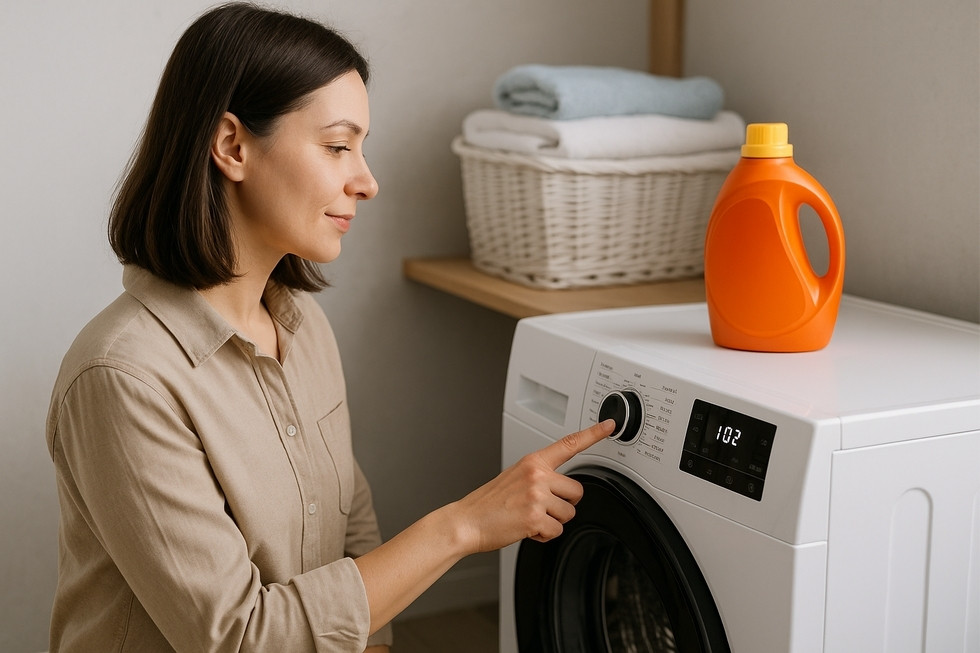 Người phụ nữ đo lượng Bột Giặt Tide bên máy giặt