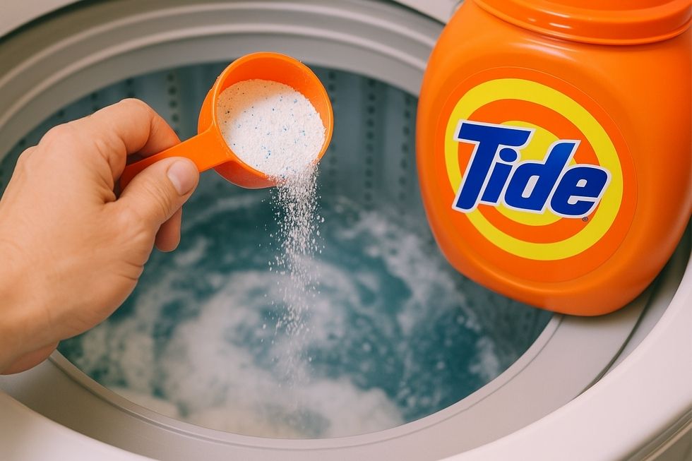 Hình ảnh người nội trợ đo bột giặt Tide cho máy giặt cửa trên.