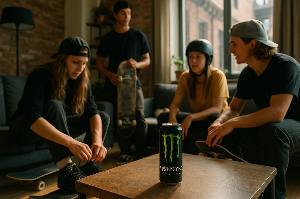 Hình ảnh một nhóm bạn trẻ với phong cách sống năng động cùng chai Monster Energy.