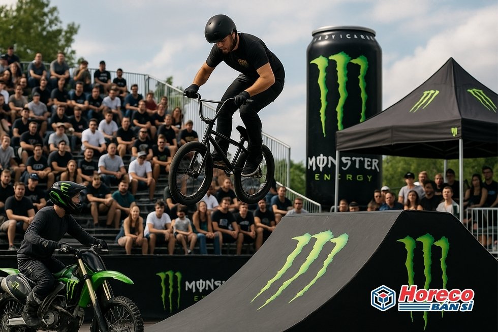 Hình ảnh một nhóm bạn trẻ với phong cách sống năng động cùng chai Monster Energy.