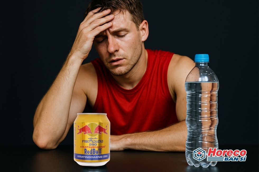 Hàng Tiêu Dùng HORECO https://horeco.vn Hình ảnh vận động viên và Red Bull, nhấn mạnh sự cần thiết của nước lọc cho sức khỏe.