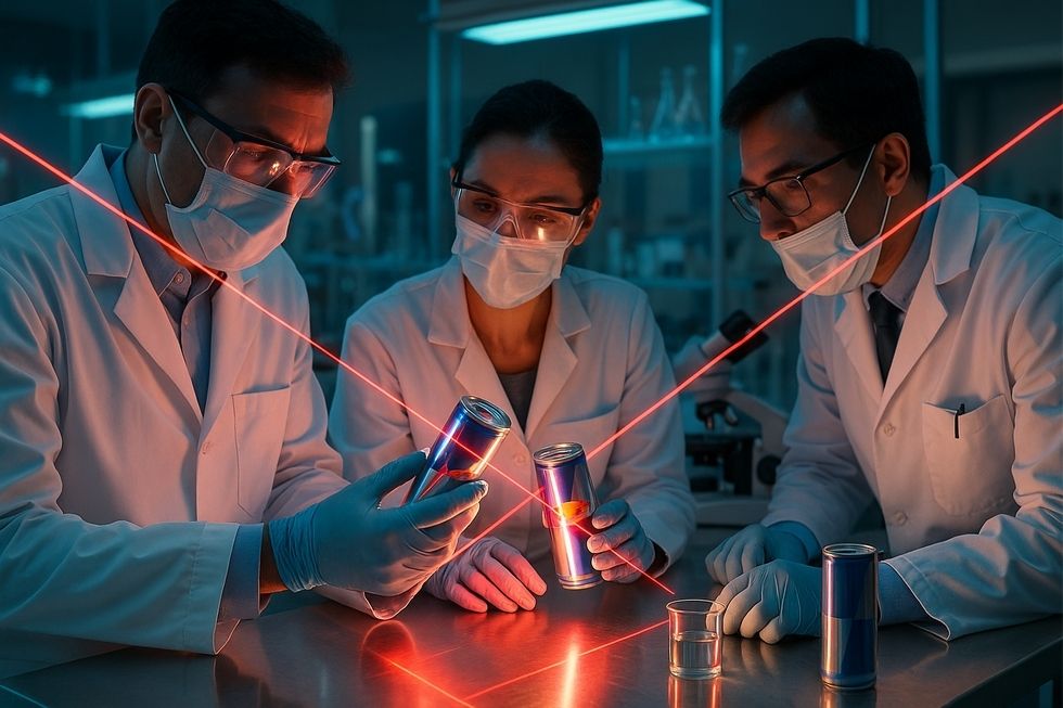 Hình ảnh các nhà khoa học đang nghiên cứu công thức trong phòng thí nghiệm, thể hiện sự phát triển của Red Bull.