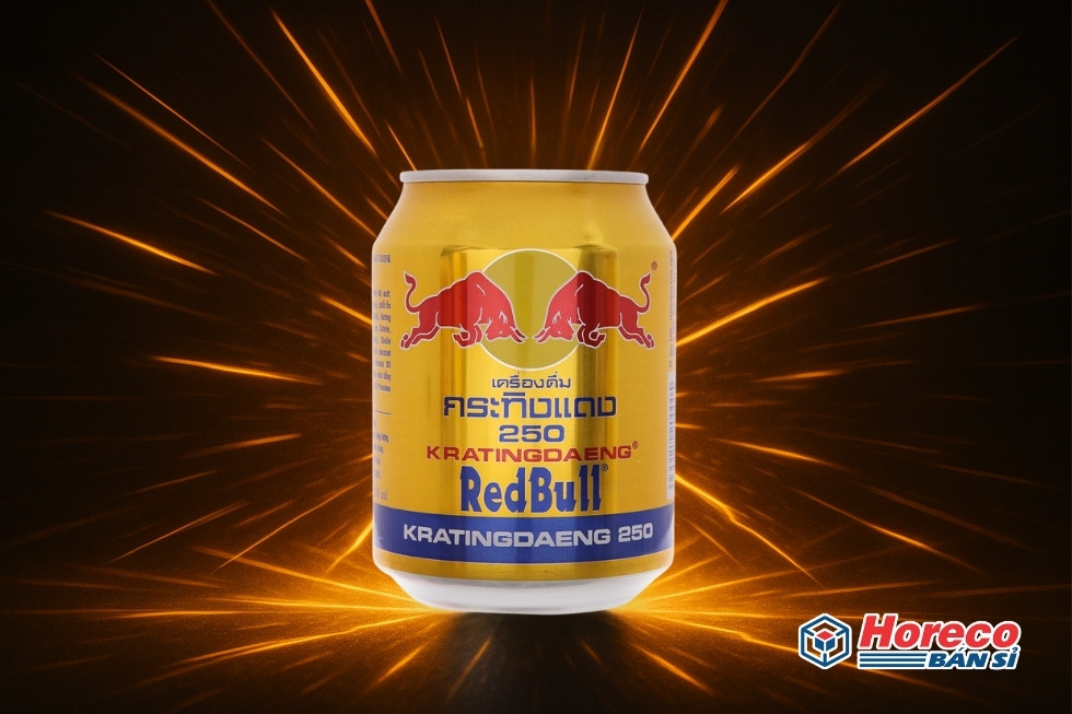 Hàng Tiêu Dùng HORECO https://horeco.vn Hình ảnh một lon Red Bull với ánh sáng biểu tượng cho năng lượng.