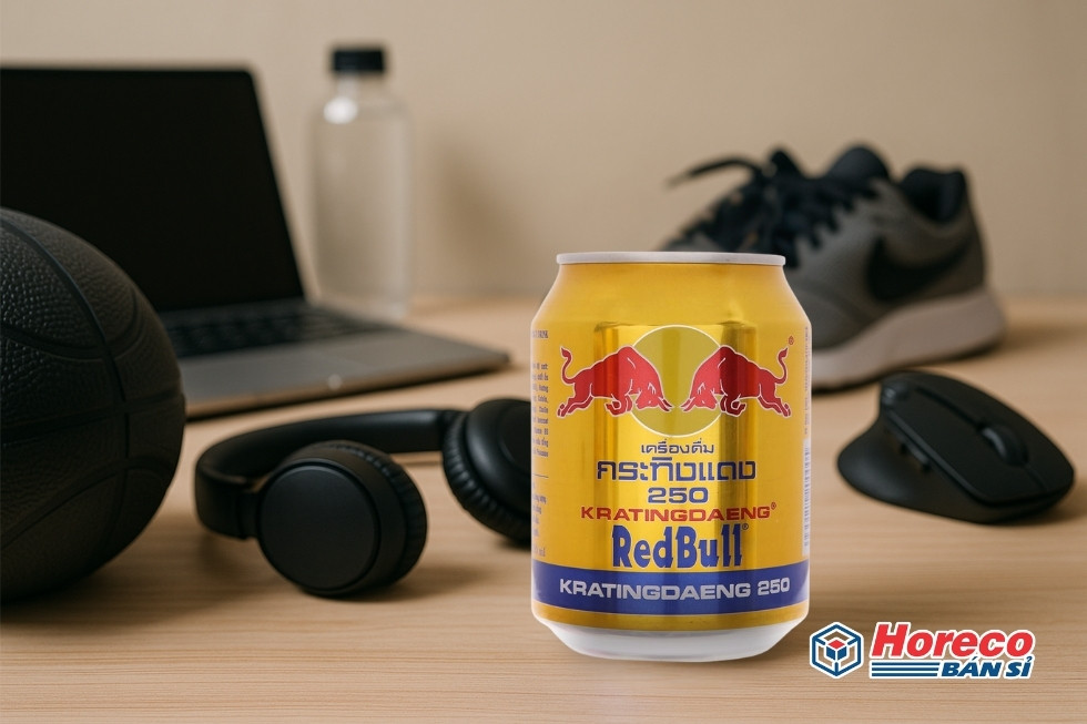 Hàng Tiêu Dùng HORECO https://horeco.vn Hình ảnh lon Red Bull bên cạnh các dụng cụ thể thao và máy tính xách tay.