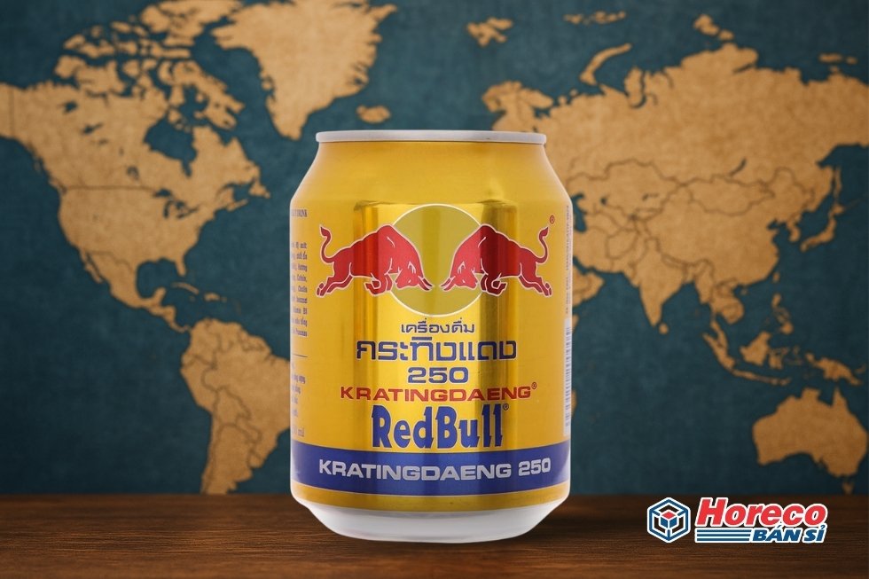 Hàng Tiêu Dùng HORECO https://horeco.vn Chai Red Bull với bản đồ thế giới phía sau, tượng trưng cho sự thành công và mở rộng của thương hiệu.
