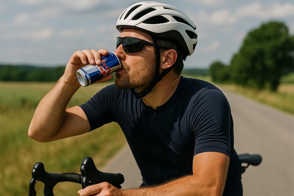 Hình ảnh một lon Red Bull cùng biểu tượng caffeine và taurine, thể hiện sự kết hợp mang lại sự tỉnh táo.