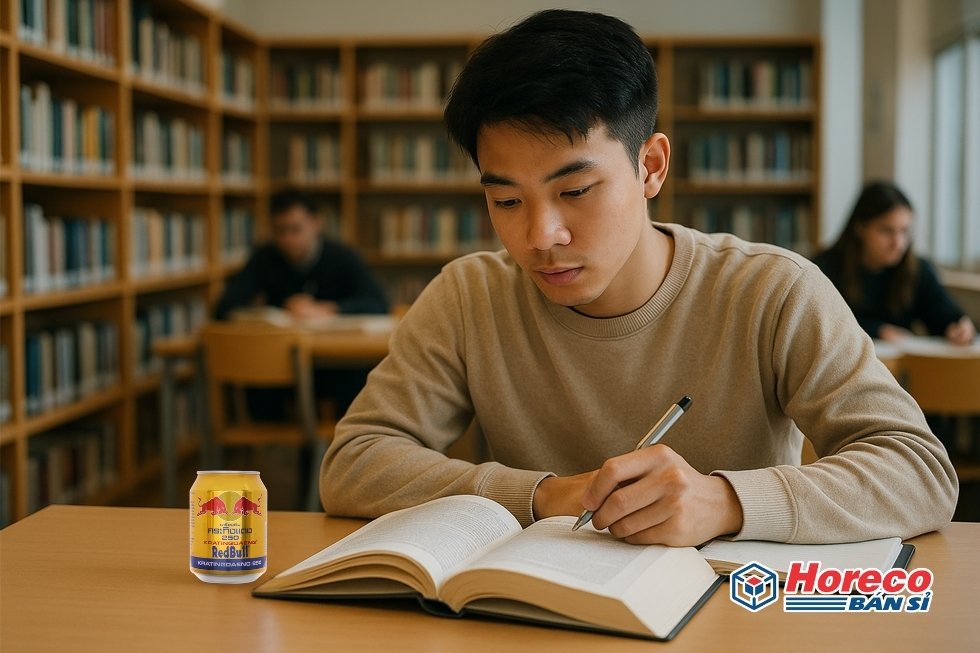 Hàng Tiêu Dùng HORECO https://horeco.vn Một học sinh đang học tập trong thư viện với một lon Red Bull cạnh bên.