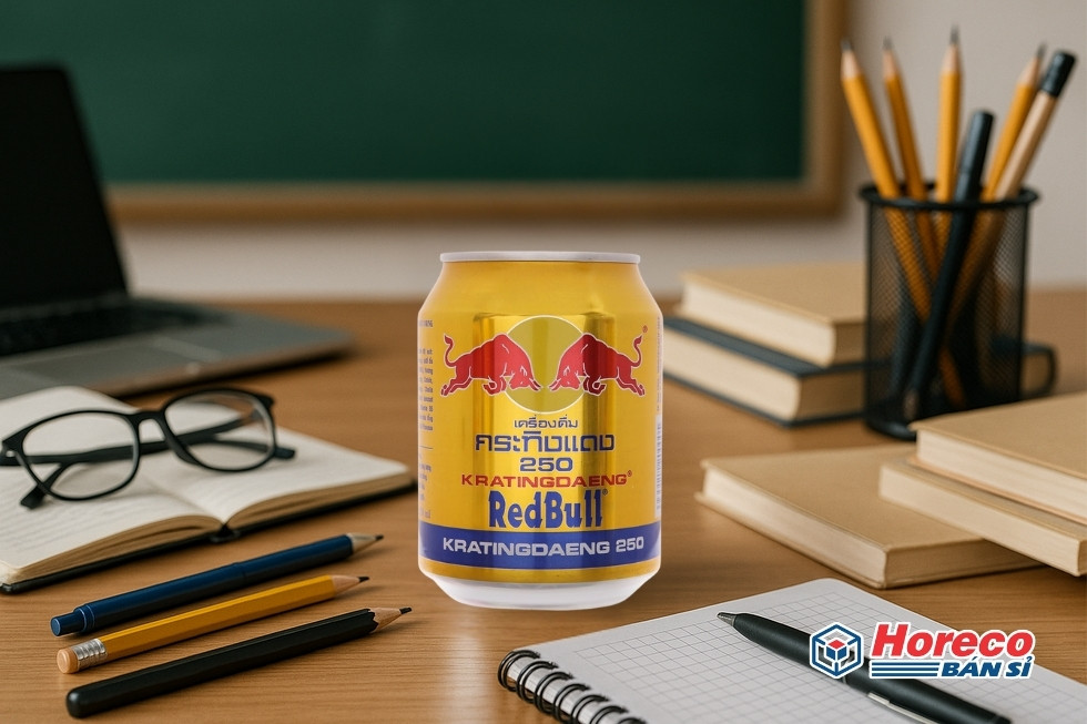 Hàng Tiêu Dùng HORECO https://horeco.vn Bàn làm việc có lon Red Bull nổi bật giữa các dụng cụ học tập và văn phòng phẩm.