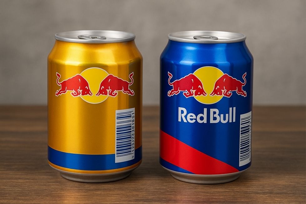 Hình ảnh hai con bò tót trên nền vàng đồng của sản phẩm Red Bull.
