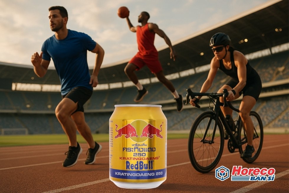 Hàng Tiêu Dùng HORECO https://horeco.vn Vận động viên thể thao cùng chai Red Bull trên sân vận động.