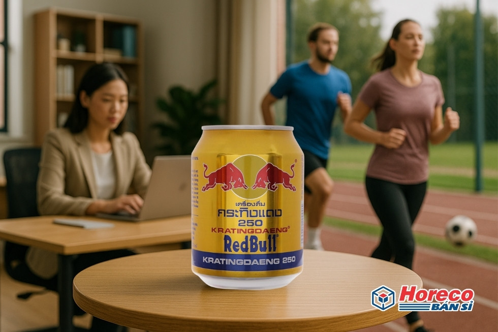 Hàng Tiêu Dùng HORECO https://horeco.vn Hình ảnh tổng quát các bối cảnh sử dụng Red Bull, từ làm việc đến thể thao.