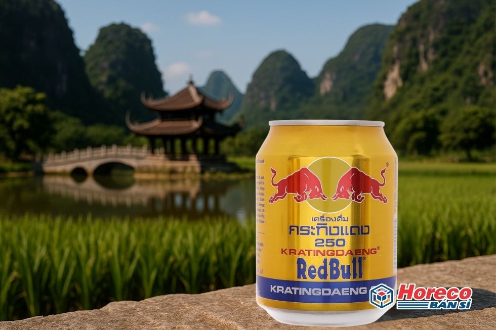 Hàng Tiêu Dùng HORECO https://horeco.vn Hình ảnh lon Red Bull trước phong cảnh thiên nhiên Việt Nam, biểu tượng và tên gọi nổi bật.