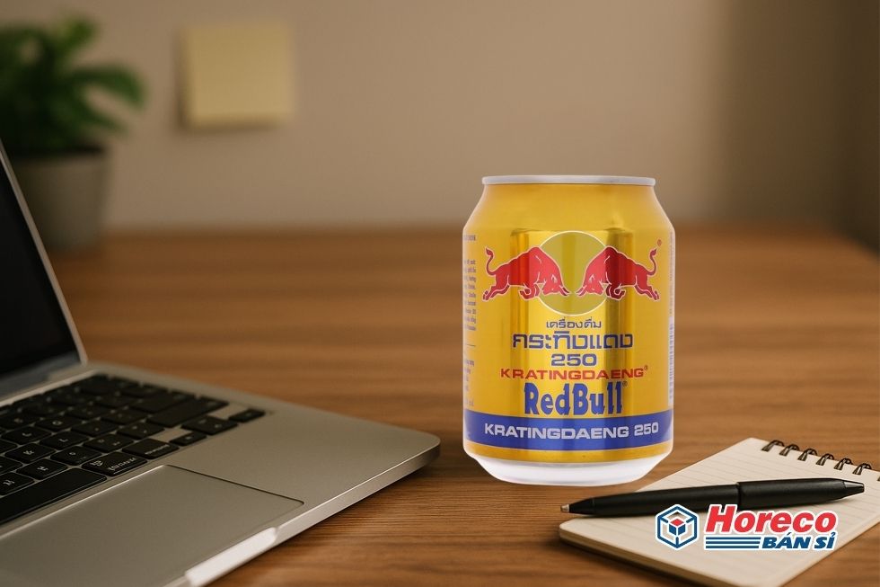 Hàng Tiêu Dùng HORECO https://horeco.vn Lon Red Bull trên bàn làm việc cùng máy tính và ghi chú, thể hiện năng suất và tỉnh táo.