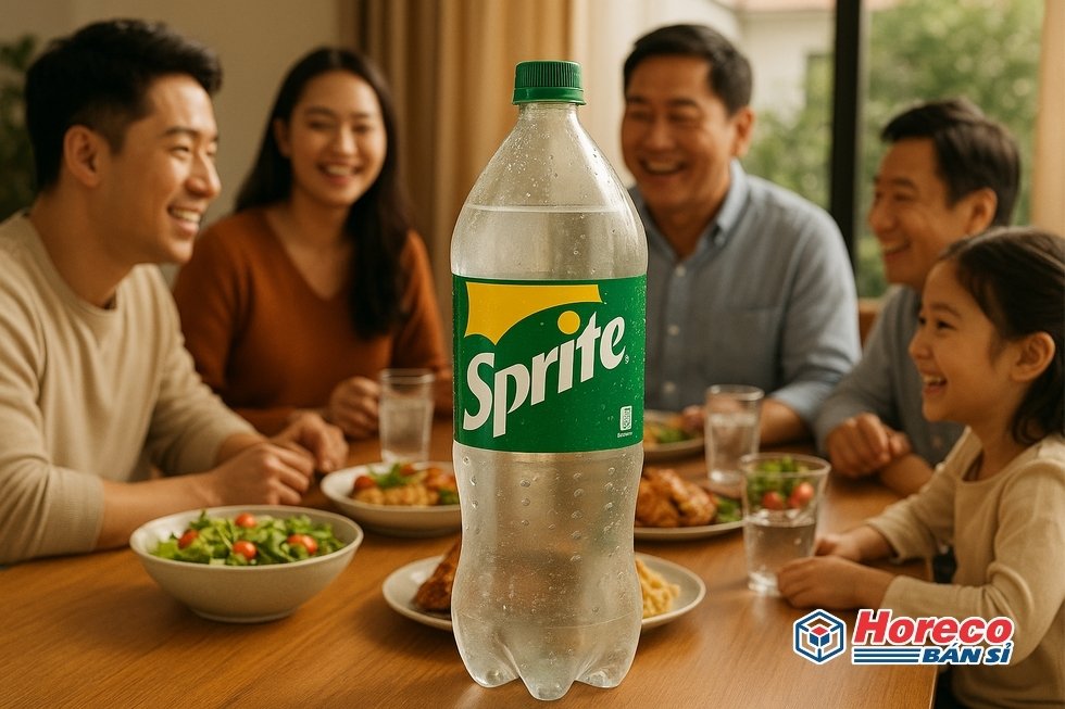Hàng Tiêu Dùng HORECO https://horeco.vn Chai Sprite lớn trong bối cảnh gia đình đang cùng nhau ăn uống, cười đùa.