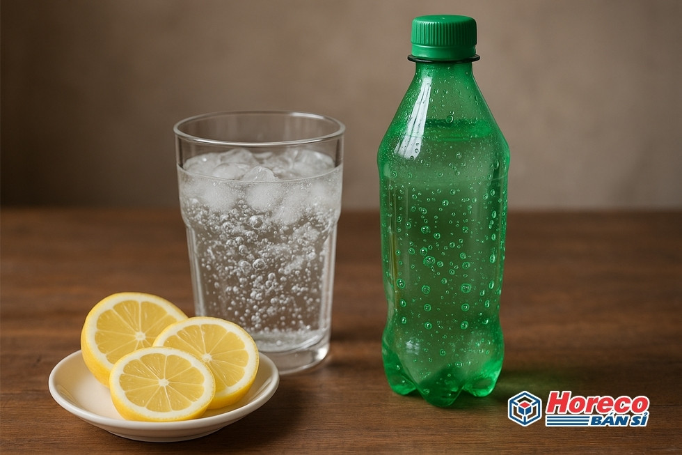 Hàng Tiêu Dùng HORECO https://horeco.vn Hình ảnh chai Sprite với chanh và cốc thủy tinh.