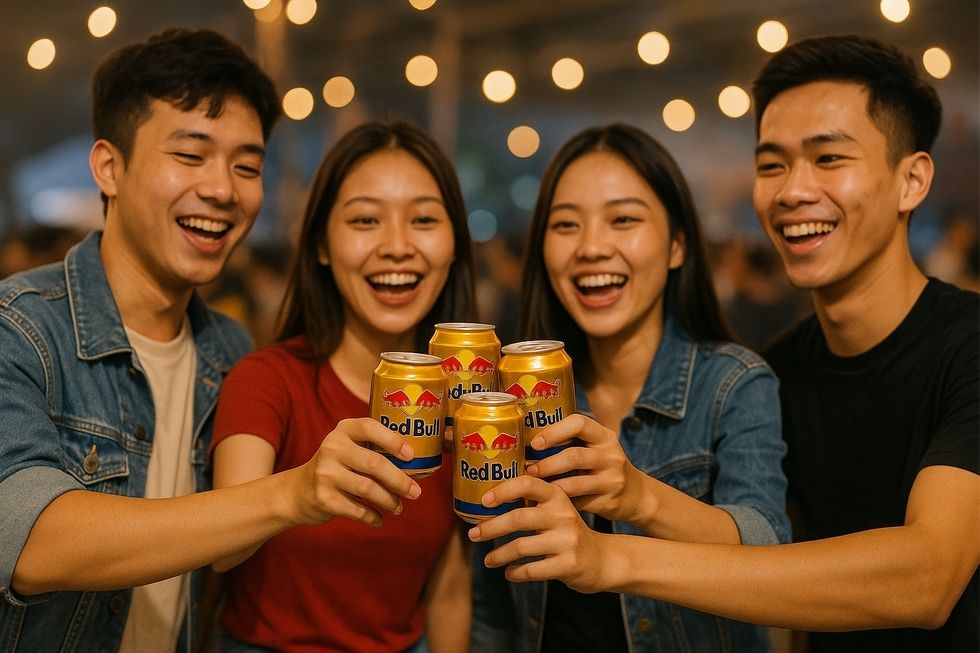 Hình ảnh một người uống Red Bull với sự tỉnh táo và tràn đầy năng lượng.