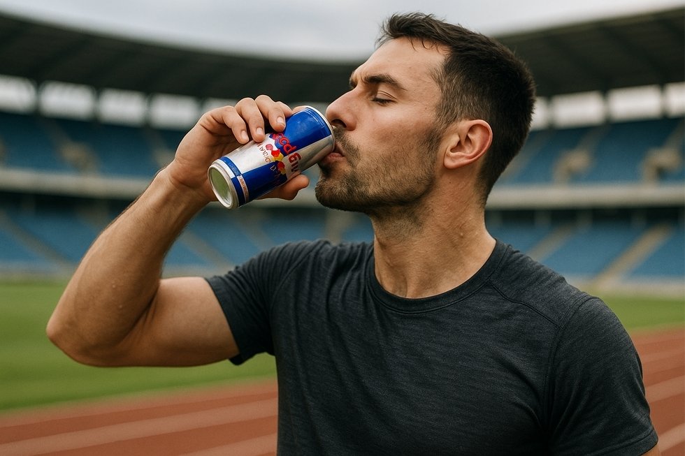 Vận động viên uống Red Bull trên sân.