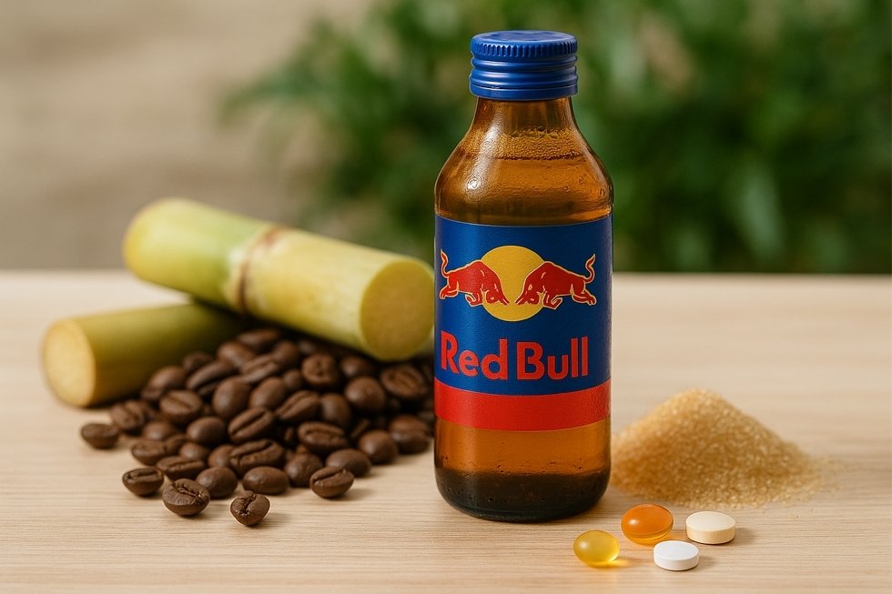 Hình ảnh chai Bò Húc Việt Nam và các thành phần tự nhiên như cà phê và đường mía.