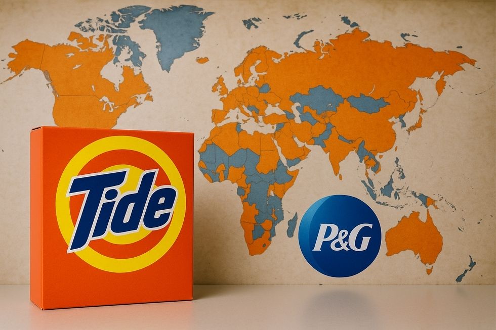 Hình ảnh các sản phẩm Tide trên kệ siêu thị và một nhà máy sản xuất từ đầu thế kỷ 20.