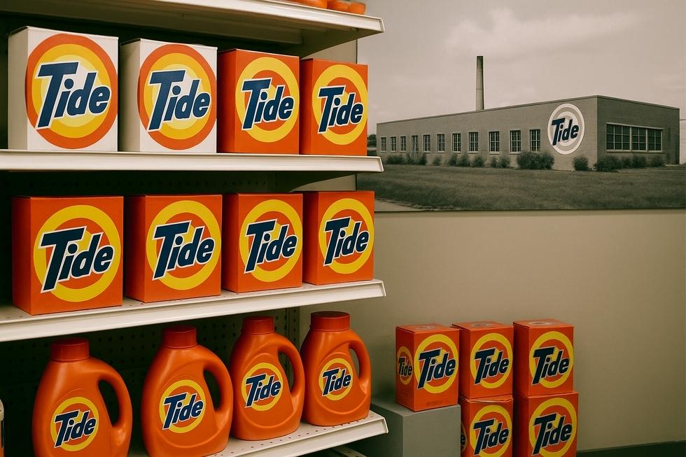 Hình ảnh các sản phẩm Tide trên kệ siêu thị và một nhà máy sản xuất từ đầu thế kỷ 20.