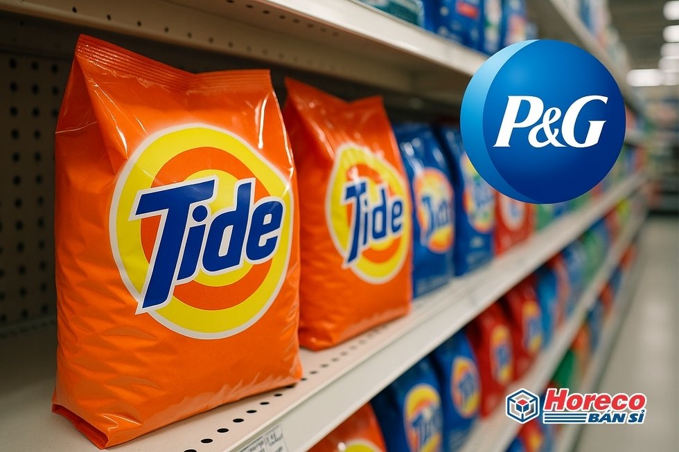 Hàng Tiêu Dùng HORECO https://horeco.vn Hình ảnh của sản phẩm Tide trên kệ với logo Procter & Gamble.