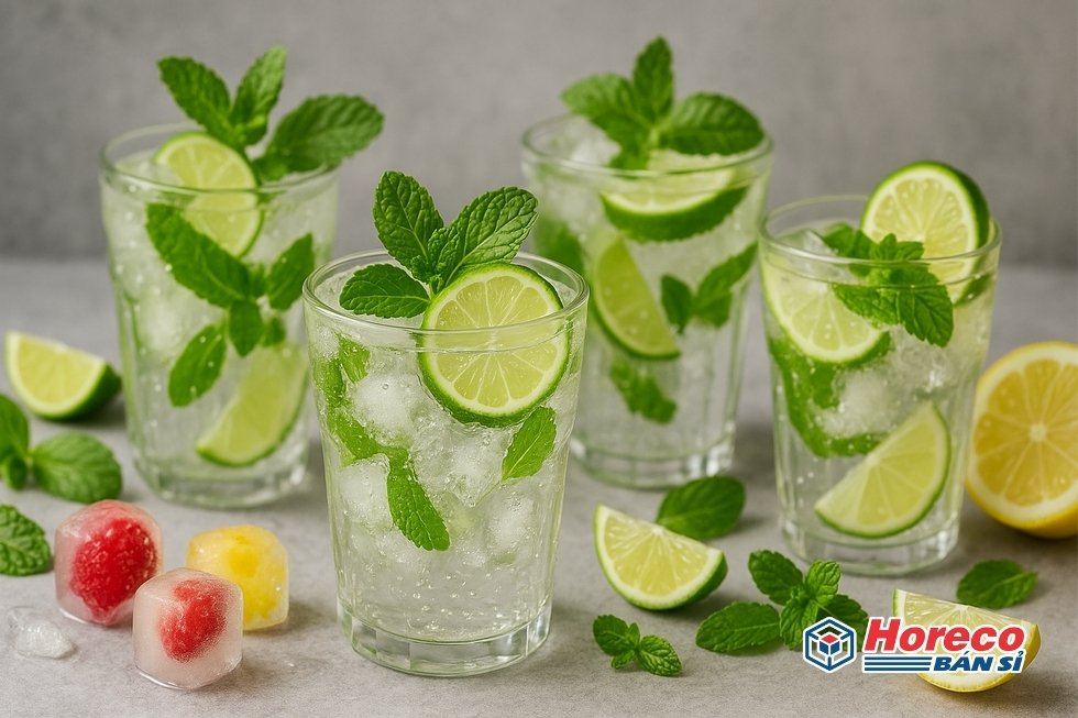 Hàng Tiêu Dùng HORECO https://horeco.vn Nhiều ly Sprite được trang trí hấp dẫn với chanh, bạc hà, và đá viên trái cây.