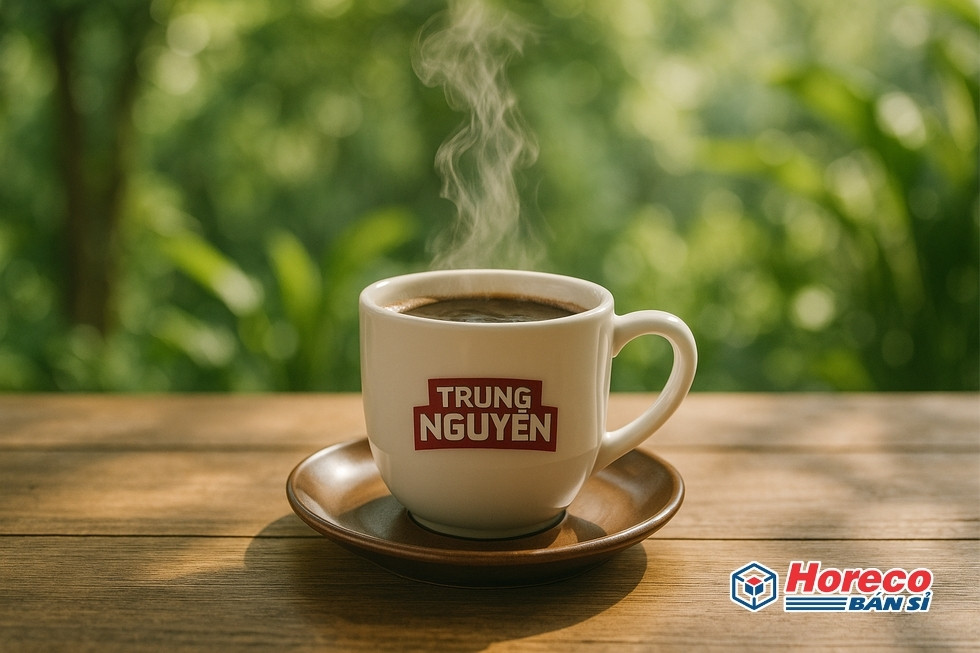 Hàng Tiêu Dùng HORECO https://horeco.vn Ly cà phê Trung Nguyên trên bàn với cây xanh trong nền.