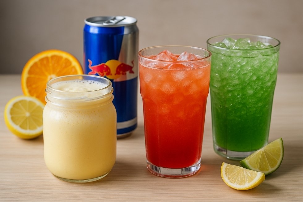 Cận cảnh các thành phần của Bò Húc với soda, caffeine và taurine.