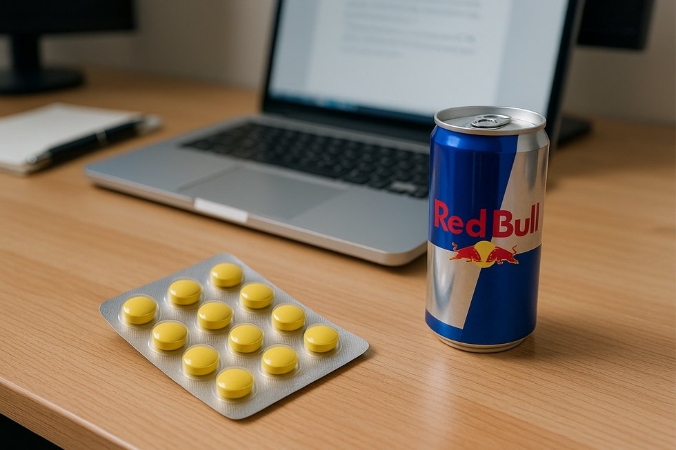 Hình ảnh một lon Red Bull cùng biểu tượng caffeine và taurine, thể hiện sự kết hợp mang lại sự tỉnh táo.