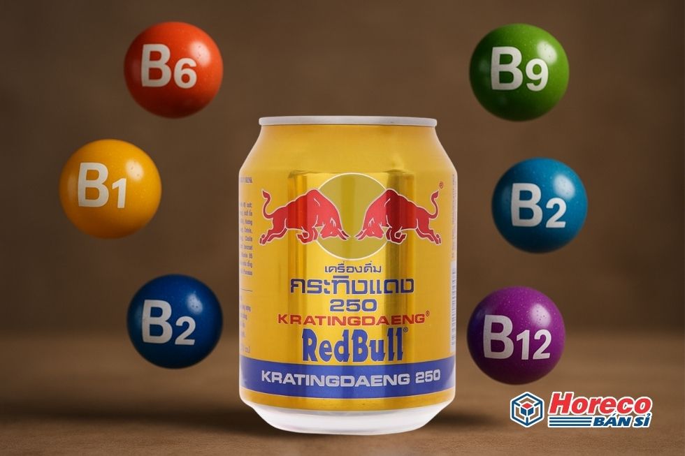 Hàng Tiêu Dùng HORECO https://horeco.vn Hình ảnh lon Red Bull với ánh sáng năng lượng, biểu tượng cho tác động toàn diện của thức uống.